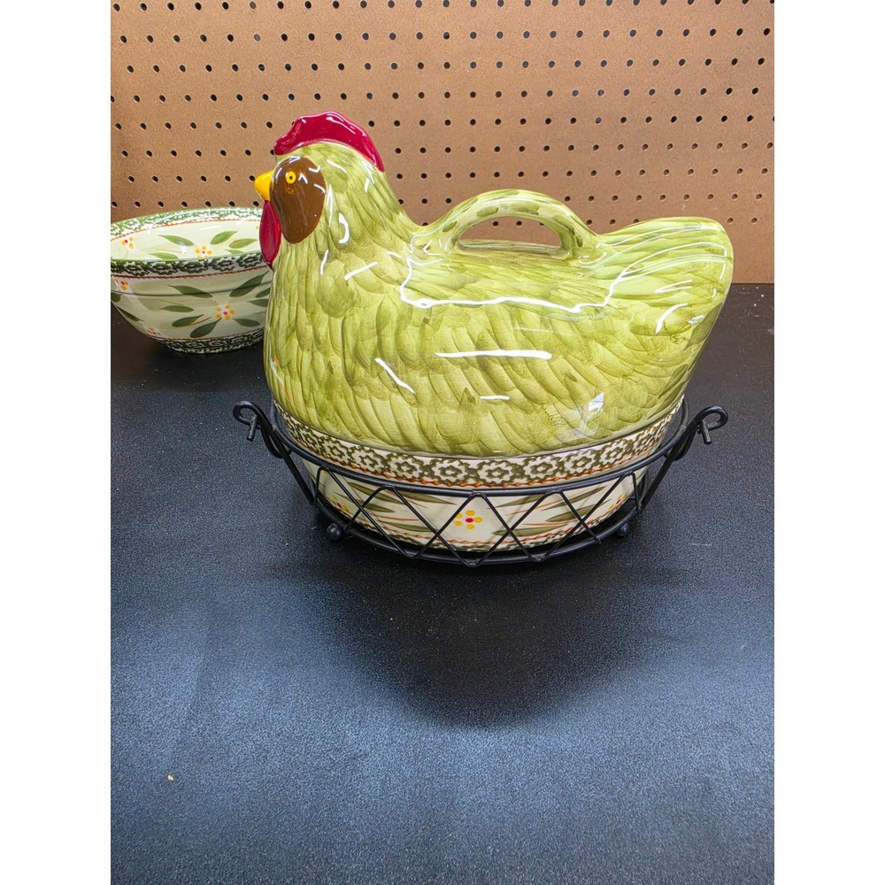 Temp-tations Old World Green Hen Figural Baker 1.5 QT with Wire Cradle 3pc Set
